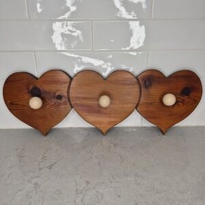 Vintage Wooden 3 Peg Heart‎ Wall Hanging Coat Rack 21"
